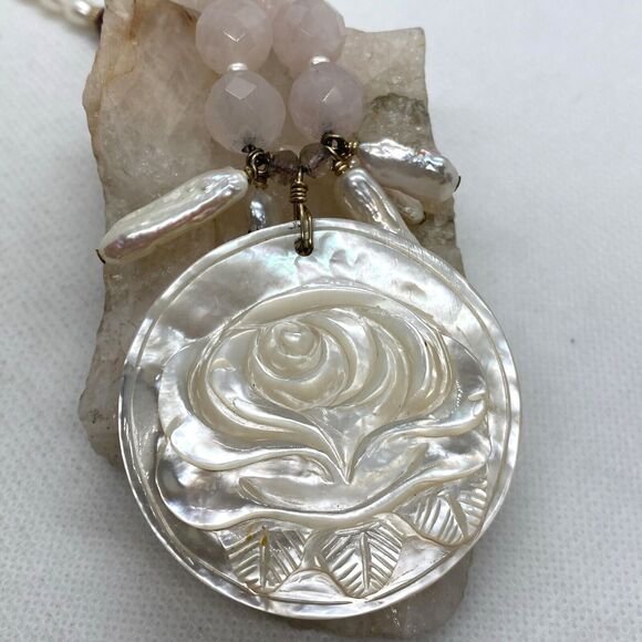 Vintage Rose Quartz Carved Mother of Pearl Tourmaline 18'' Necklace 14/20 GF 44g - Picture 4 of 9